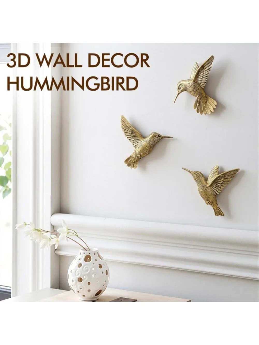 3D Hummingbird Wall Decor Set - Vintage Gold Brass Resin Birds for Living Room